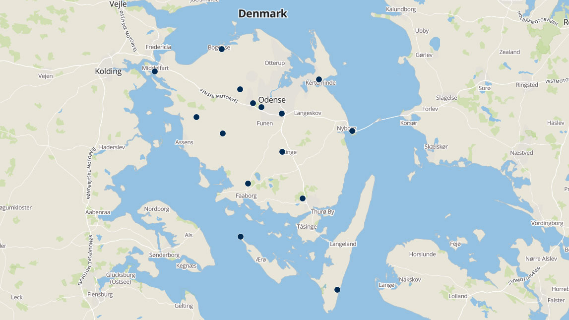 Die schönsten Golfplätze Fünens auf einen Plan markiert.