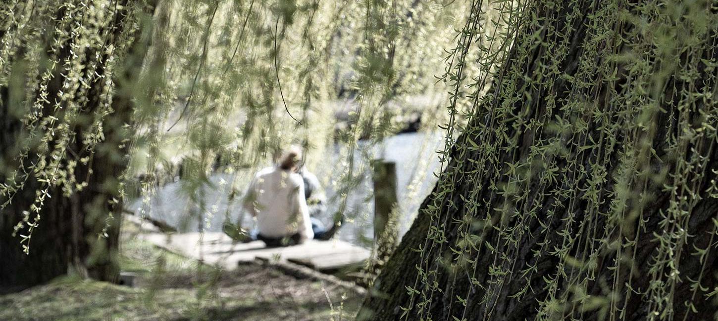 Ein Pärchen, das am Fluss hinter einem Baum sitzt