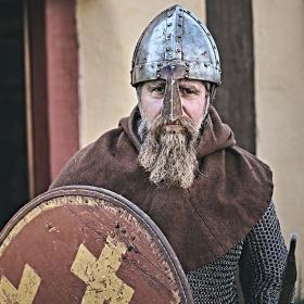 Viking med hjelm og skjold